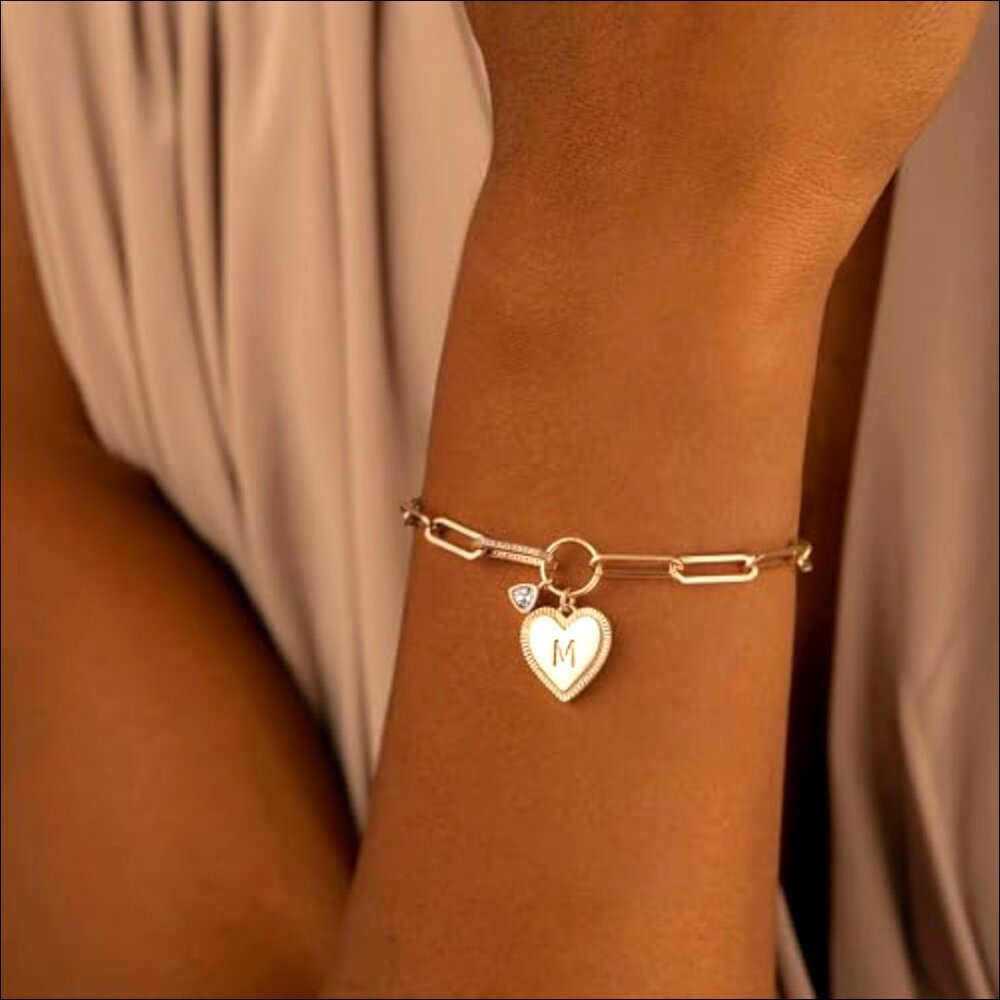 14K Gold Plated Heart Initial Bracelet Adjustable Paperclip Chain Personalized